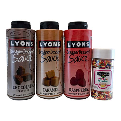 Ice Cream Toppings Bundle - Raspberry Sauce, Chocolate Sauce, Caramel Sauce and Sprinkles. Ideal for Desserts and Ice Cream