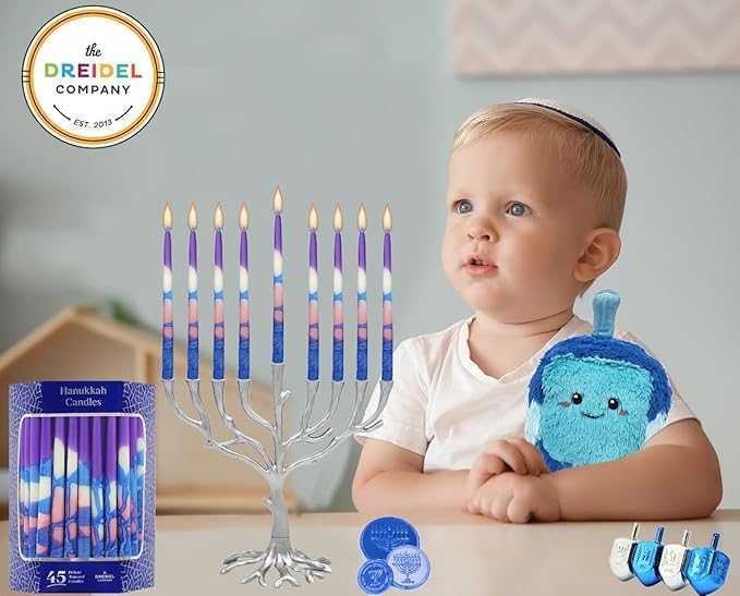 The Dreidel Company - Dripless Hanukkah Candles Multi Splash, Premium Tapered Hand Decorated (Pack of 2) - Blue and Pink