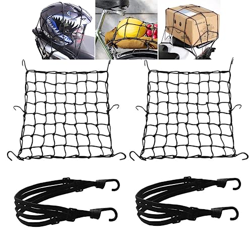 2 Piezas Red de Equipaje Elástica Moto, 40 x 40cm + 2 Piezas Cuerda de Equipaje (60cm), Red Elástica de Carga para Bicicleta Moto Cuerda Equipaje Portaequipajes Trasero Sujetar Cascos, Negro