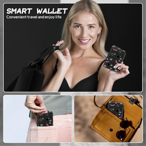 Image of Cute Credit Card Holder with Zipper, Gothic Skull Moon Stars Bat RFID-Blocking Card Case Small Wallet for Women Men, Multi-slot Card Organizer Case Travel Accordion Wallet