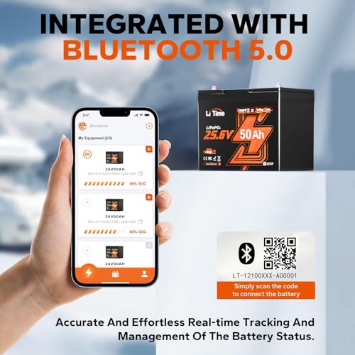 Image of LiTime 24V 50Ah LiFePO4 Deep Cycle Battery, Bluetooth 5.0, Low-Temp Cutoff Protection, Built-in 50A BMS | 4000+ Cycles@100% DOD, Group 24 | Perfect for Trolling Motors, Yacht, Boat, RVs(3 Pack)