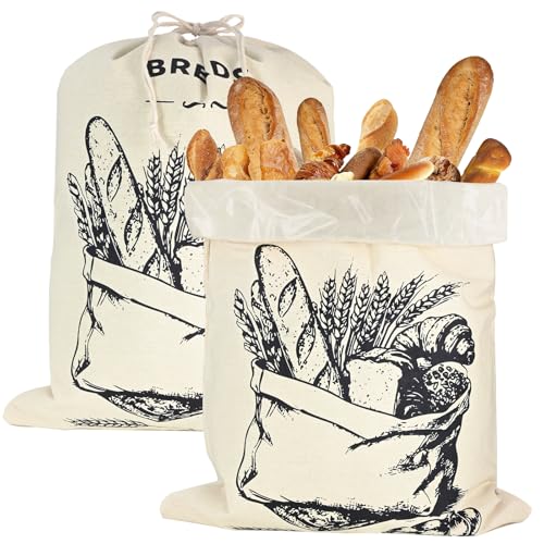 YAMAIDUO 2 Stück Groß Brotbeutel Leinen 45x35 cm Nachhaltige Bienenwachs Brotbeutel mit TPU Innenfutter Brotaufbewahrung Waschbar Brottasche Baguette mit Kordelzug Brotsack zum Frischhalten