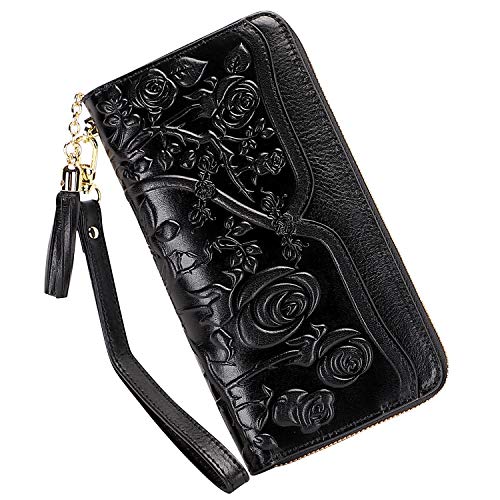 PIJUSHI Genuine Leather Wallets for Women Designer Floral Wristlet Wallet Ladies Clutch Purse with Tassel (20098 Black)