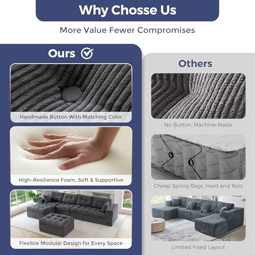 Image of MAXYOYO 132 inch U Shaped Modular Sectional Sofa with 2 Ottomans, Cloud Boneless Couch with Layered Cushion, Flexible Module Combination Sofa for Living Room, No Assembly Required, Dark Grey