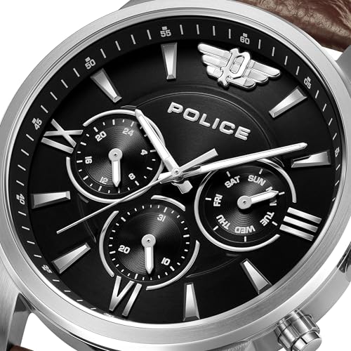 Image of Police Quartz Multifunction Black Dial Brown Leather Strap Watch for Men - PLPEWGF0040402