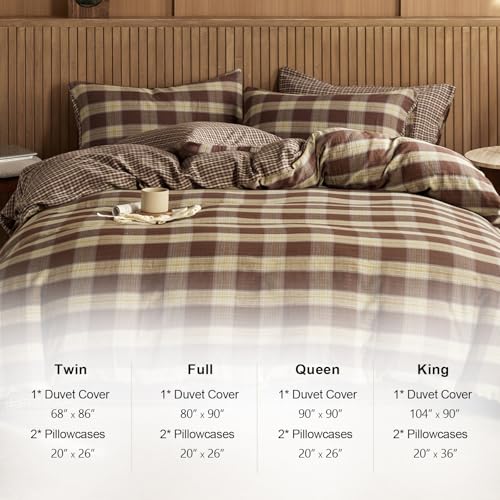 Image of EAVD Vintage Yellow&Brown Plaid Duvet Cover Full Soft 100% Muslin Cotton Retro Grid Checkered Plaid Bedding Set with 2 Pillowcases Farmhouse Reversible Gingham Duvet Cover with Zipper Closure