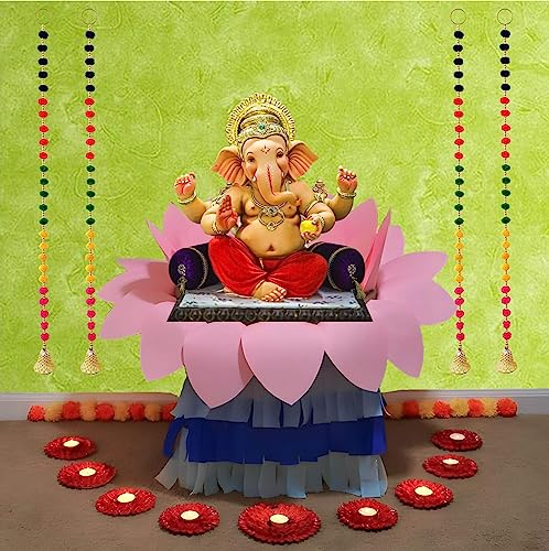 Image of DSCYENTES Pom Pom Door Side Hangings for Decoration, Ganesh Chaturti Decoration, Wall Hanging for Main Entrance,Temple Pooja Room, Stylish & Handmade Diwali Hanging (3 Feet, 4 Pc's)