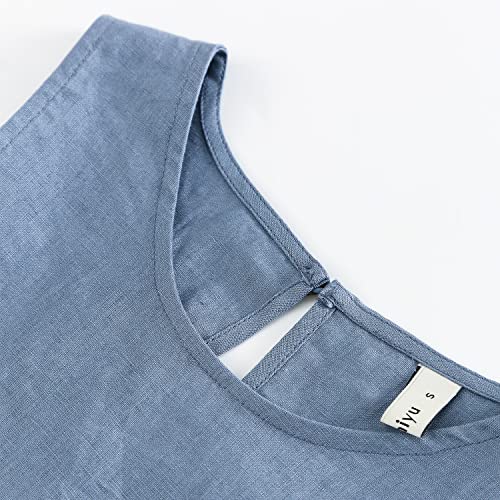 Image of Amazhiyu Women's 100% Linen High Low Midi Dress with Pocket | Summer Casual Flowy Dresses, Sleeveless Crewneck Dresses, Solid Color