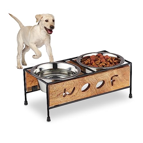 Relaxdays Ciotole Rialzate per Cani, 2 Scodelle, 750 ml, per Animali Domestici, Acciaio Inox, Ferro, Legno, Marrone Nero