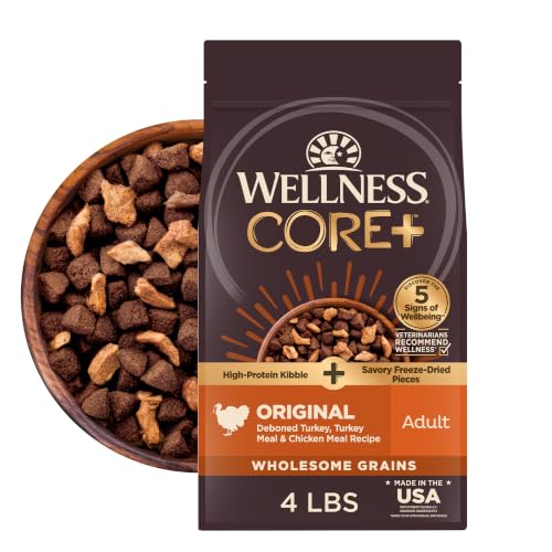 Image of Wellness CORE+ Adult Dry Dog Food with Freeze Dried Pieces, Wholesome Grain Kibble+, Natural, High Protein, Turkey and Chicken Recipe, 4 lb Bag