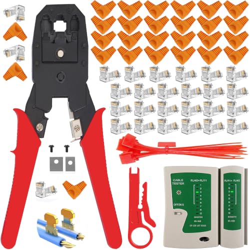 LEATBUY Network Crimp Tool Set RJ45 for RJ11/RJ12 Cat5/Cat5e/Cat6 Crimping Tool for Ethernet LAN Cable Tester Crimper Tools with 50PCS Connectors, 50PCS Covers Wire Stripper Kit (RED)