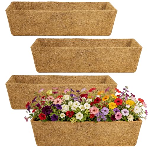 Image of 30in Tapered Coco Liners for Window Planter Box - 4 Pack 100% Natural Coconut Coir Fiber Liner Replacement for Deck Flower Box, Garden Railing Fence Wall Planter Basket