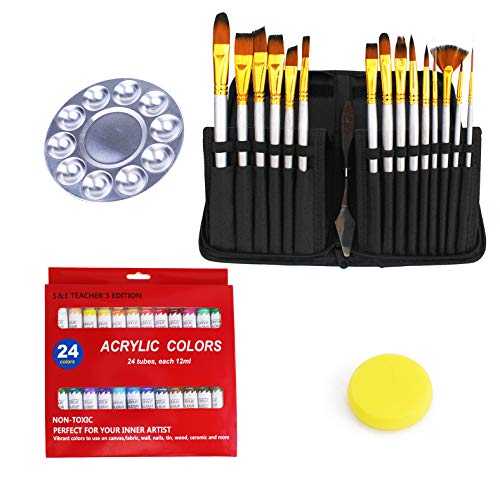 S & E TEACHER'S EDITION Carrying Case Paint Set 42 Pcs, 15 Pcs Paint Brushes, 24 Acrylic Painting, P - //coolthings.us