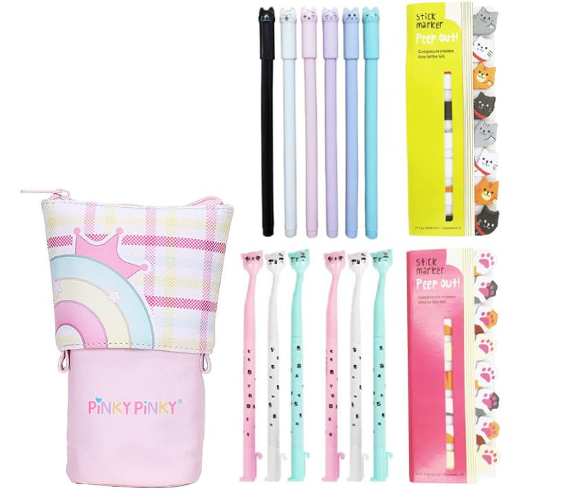 Hocadrv Cute Stationery Set Einziehbares Federmäppchen Leinwand Stifte Etui 12 Bunt Katze Gel Tintenstifte 240 Katze Haftnotiz Seite Index Tabs for Boys Girls Students Klassenzimmer Büro