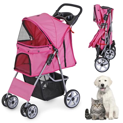 LEMY Foldable Pet Stroller 4 Wheels Cat/Dog Stroller with Weather Cover for Small/Medium Dogs and Cats Pink Pet Strolling Cart with Storage Basket and Cup Holder