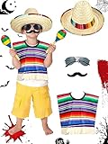 Janmercy Halloween Party Costume Set for Toddlers Includes Halloween Poncho Costume Serape Sombrero Hat Maracas Mustache and Sunglasses for Kids Child Fiesta Party, Ages 2-5