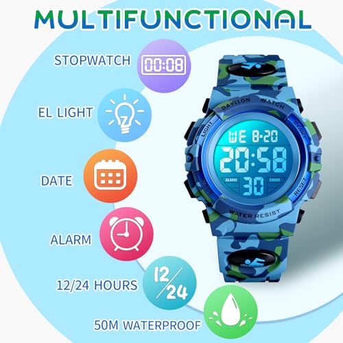 Image of Dayllon Kids Digital Watch Boys Outdoor Sports 50M Waterproof Girls Watches Alarm Clock 12 /24 H Stopwatch Calendar for Ages 3-15 Boy Girl Wristwatch Kids Gift