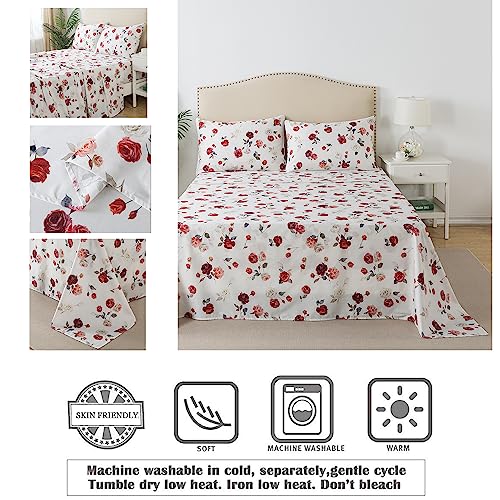 Image of FADFAY Rose Sheets Set Queen Vintage White Rose Floral Bedding Chic Red Rose Bed Sheets Shabby Farmhouse Bedding 100% Percale Egyptian Cotton 800 Thread Count Deep Pocket Fitted Sheet 4Pcs,Queen Size