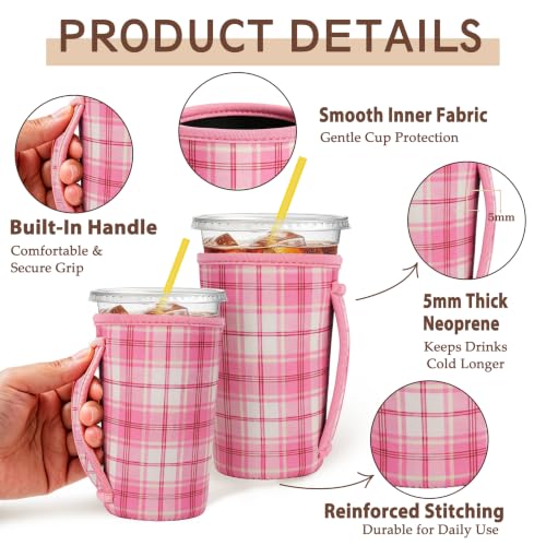 Image of KJQJLY 3 Reusable Iced Coffee Sleeves for Iced Coffee Cups or Drinks Reusable Neoprene Insulated Sleeves for Hot and Cold Drinks from Starbucks, Dunkin, And More (Preppy Pink Plaid)