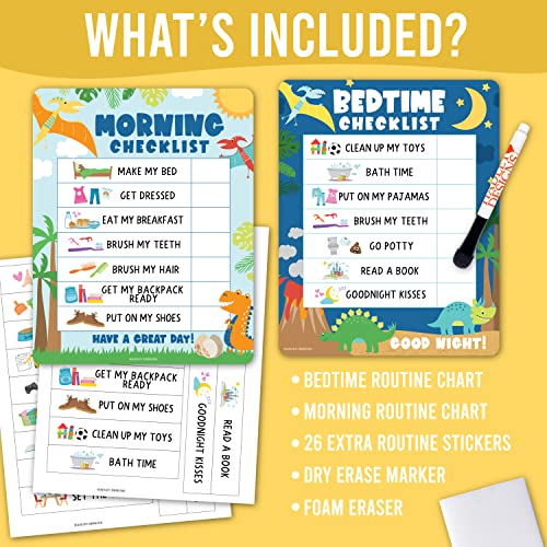 Image of Magnetic Morning & Bedtime Routine Chart for Kids - Customizable Toddler Daily Schedule Board with Dry Erase Surface, Stickers & Marker, Build Habits with Visual Checklists, Dinosaur Theme