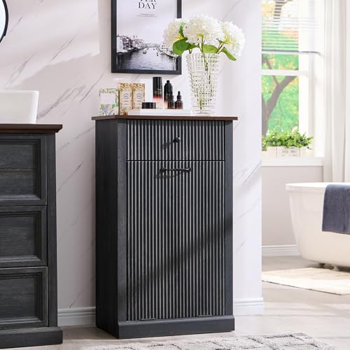 Image of IFBUY Tilt Out Laundry Hamper Cabinet, Modern Trash Can Cabinet, Dark Gray