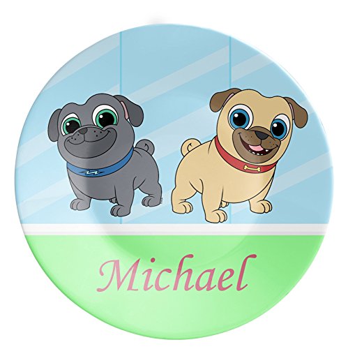 Personalized Pug Plate - Pug Dinner Plate, Kids Blue Dots Pug Plate, White Black Ear Pug Dog Melamine Plate - Kid Personalized Gift