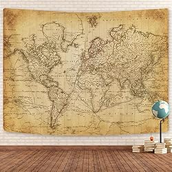 Old World Map Tapestry, Vintage Geographical Distribution Wall Hanging, Brown Historical Atlas Educational Poster for Wall Classroom Bedroom Living Room Office 60x40 Inch