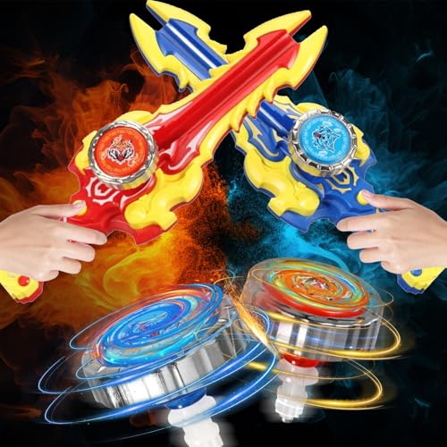 OBEST 3pcs Peonzas Batalla y 2pcs Lanzador Espadas Niños Juguete, Trompos Combate Metal Fusion con Luz LED y Launcher Auto, Juego de Juguetes Interactivos Multijugador