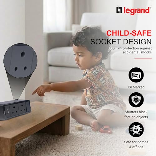 Image of Legrand Extension Board with USB (2-Sockets, 1 Switch, Chic Grey, 1.5M Cable) | 2 x 6A Socket 230V + USB-A 5V 15 amp Charging | IP20 Rated Power Hub for Home, Office, Hotel Use | Spike Guard