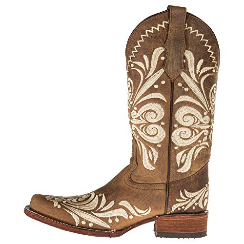 Circle G LADIE'S TAN EMBROIDERY SQ. TOE, LEATHER SOLE, WESTERN L54093