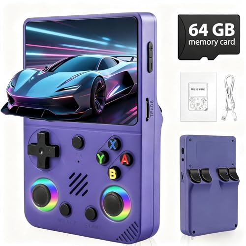 Rhesusco RG36PRO Retro Video Game Console - Support 30000+Classic Games, 3.5-Inch Screen, 64G TF Card, 3000mAh Battery, Portable Console with Open Source System, Gift for Adult or Partner - Purple