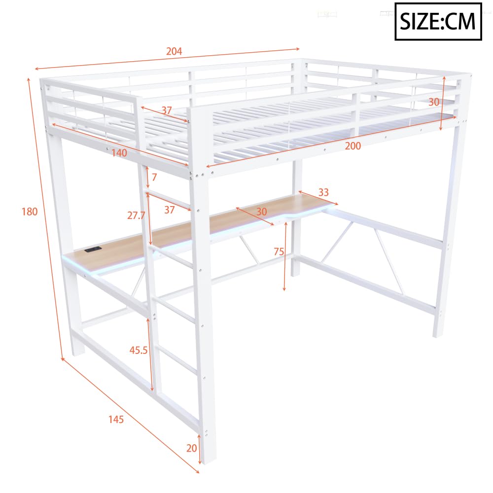Litera de 140 x 200 cm con tira LED, USB, cama alta para niños con escritorio, ahorra espacio, estructura de cama de metal para juegos con riel, sin colchón, apto para dormitorios y otros (blanco)