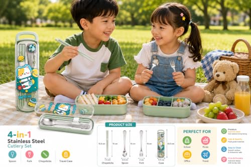 Image of Kids Cutlery Set with Box | Stainless Steel Spoon /Fork /Chopsticks | BPA-Free Food Grade Portable Lunch Utensils for School, Travel, Picnic & Camping