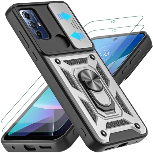 AKINIK for Moto G Pure & G Power 2022, G Play 2023 with Slide Camera Cover, 2x HD Screen Protector, 360 Ring Kickstand [Military Grade] (Silver)