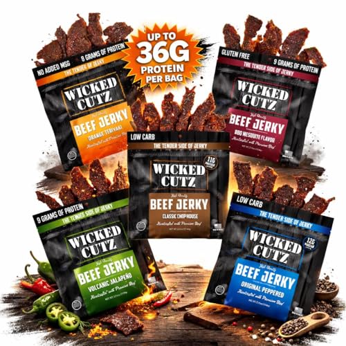 Image of Beef Jerky Variety Pack | 5 Flavors & Up to 36g Protein Per Bag | Exceptionally Tender, Bold Flavors, USA Made, High Protein Carnivore Snacks | Jerky Gifts, Unique Gifts for Him (5 Bags)
