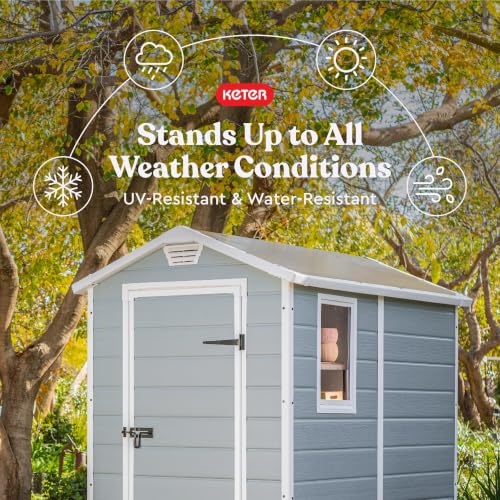 Image of Keter Manor 4x6 Resin Outdoor Storage Shed Kit-Perfect to Store Patio Furniture, Garden Tools Bike Accessories, Beach Chairs and Lawn Mower, Grey & White