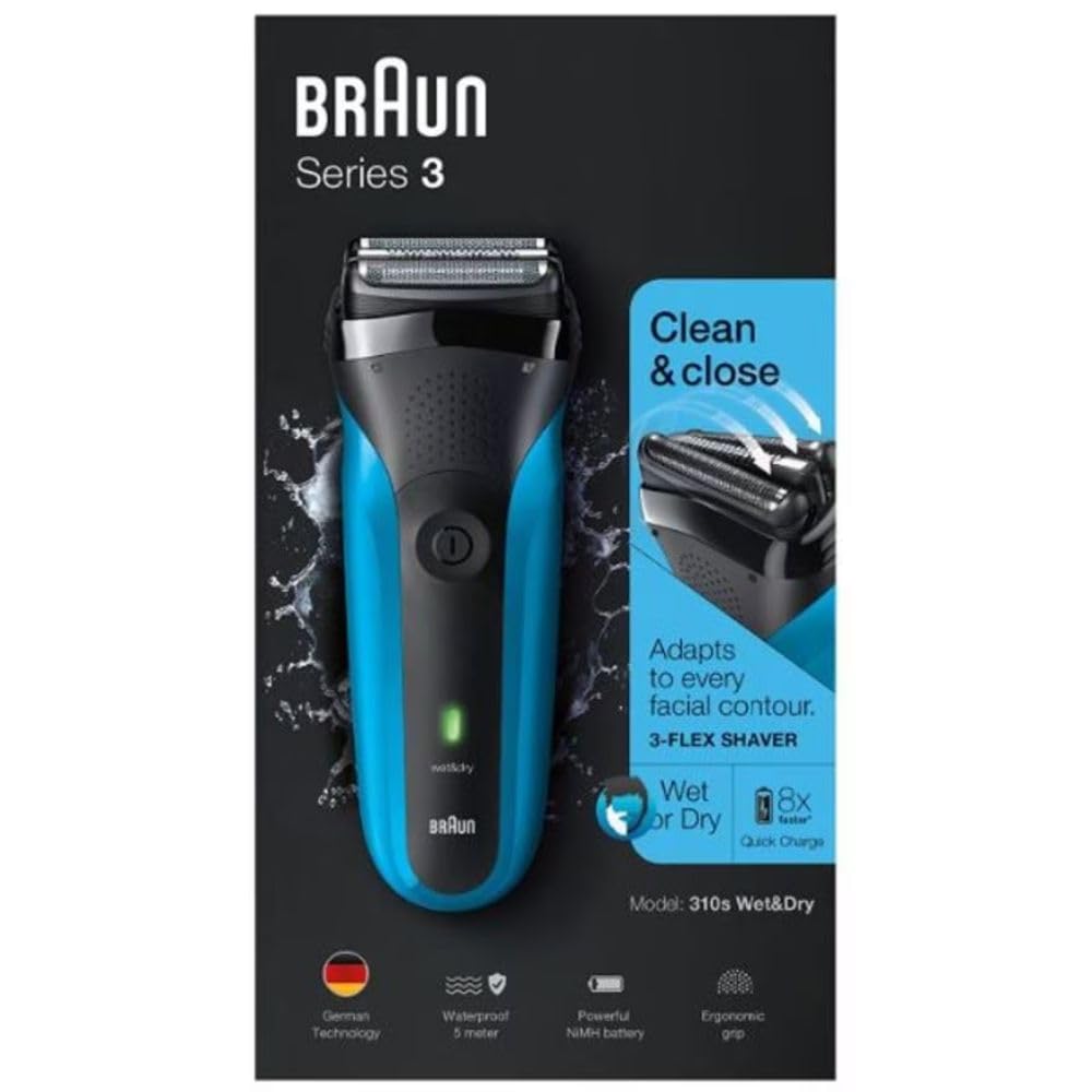 Braun Series 3 męska golarka elektryczna z 3 elastycznymi ostrzami, 30 minut pracy baterii, elektryczna golarka do golenia na mokro i sucho dla mężczyzn – 310s, niebieska