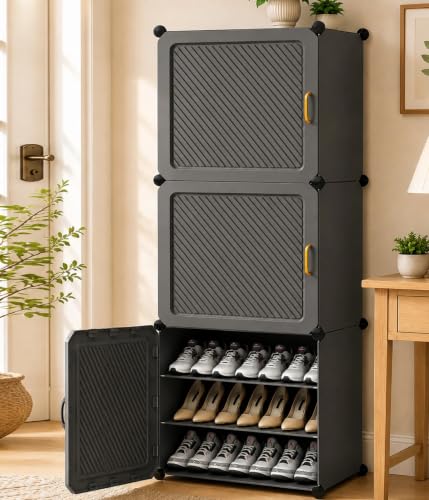 Image of EXVITO Plastic Shoe Rack for Home with Door, 3-Door Shoe Storage Cabinet | 6-Shelfs for 12 Pairs | Waterproof & Portable DIY Shoe Slipper & Chappal Stand for Entryway /Bedroom - Grey