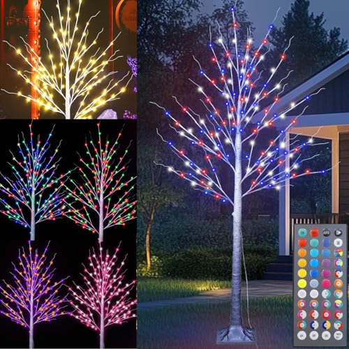 Pooqla 6 ft 120 LED 4th of July Lighted Birch Tree, Color Changing Light Up Tree with Remote, White Lighted Birch for Indoor Outdoor Christmas Halloween Party Home Yard Decoration RGB
