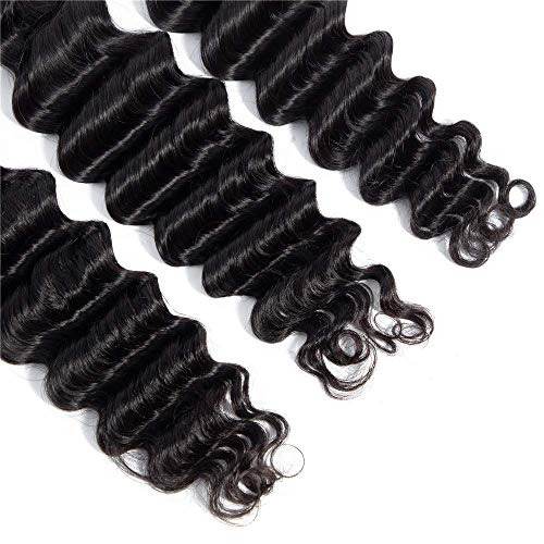 Brazilian Loose Deep Wave Bundles with Closure Virgin Human Hair with Closure Full and Thick Top Swiss Lace Frontal Closure With Baby Hair Natural Black (12 14 16 + 10)