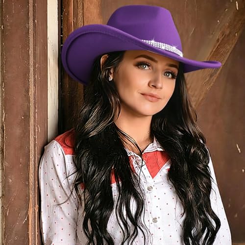 Image of DRESHOW Glitter Cowboy Hat Classic Western Rhinestone Cowgirl Hat Outdoor Wide Brim Retro Felt Fedora Hats Rolled up Caps