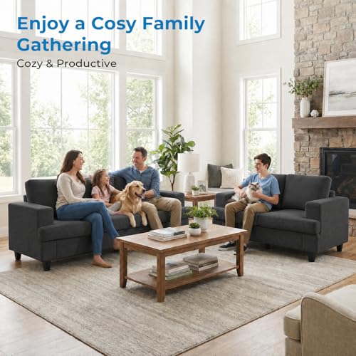 Image of Mjkone 2 Pieces Living Room Sofa Sets, 82 inch W 3 Seat Sofas Couch and Loveseat Set, Sectional Couches Living Room Furniture Set, Sectional Couch Set for Home Office, 3-Seat Sofa + Loveseat, Dark Grey
