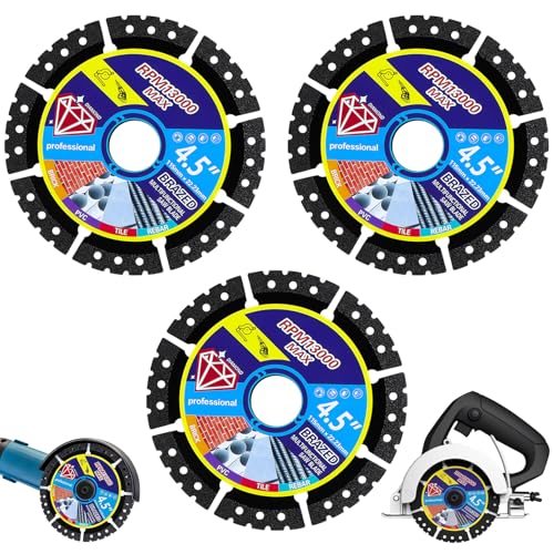3 PcsDiamond Multi-Purpose Saw Blades, 4.5" Angle Grinder Discs for Concrete, Diamond Tile Cutting Disc for Angle Grinder Tool, Dry/Wet Segmented Diamond Saw Blades Cutting Wheel for Marble Tile Steel