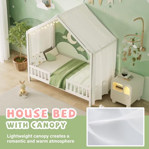 Image of Twin Size Wood House-Shape Platform Bed with Roof Frame and Canopy, Montessori Floor Bed with High Railings and Slat Support for Kids Girls Boys, No Box Spring Needed (White-05, Twin)