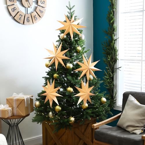 Image of SUNBEAUTY 5 Pcs 9-Pointed Natural Paper Star Lanterns 12 Inch Christmas Hanging Lamp Rustic Paper Decorations Shade Wedding Birthday Christmas Home Party Decorations