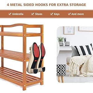 Giantex 3 tier shoe rack acacia wood shoe shelf with side metal hooks holds up 12 18 pairs shoe organizer shoe storage wooden shoe rack for entryway  urban country home decor