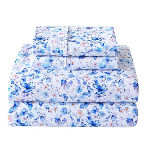 Image of Softan Full Floral Sheets, Microfiber Blue Flower Printed Fitted Sheets with Non-Slip Corner Straps and 15 inch Deep Pocket, Butterfly Patterned Cozy Bed Sheets Double Sheets & Pillowcase Sets