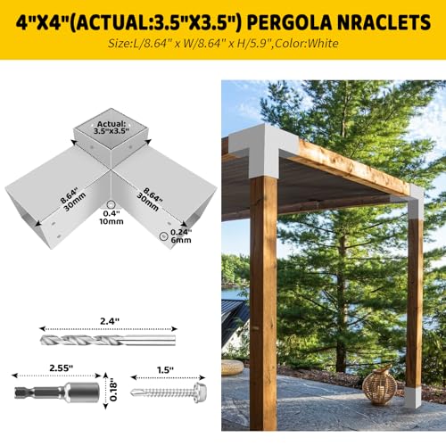 Image of 3-Way Pergola Bracket Kit,DIY Right Angle Corner Woodwork Brackets for 4 inchx4 inch (Actual:3.5 inchx3.5 inch) Lumber,White Pavilion Gazebo Brackets for Patio Pergolas,Prochs,Log Cabin W /Hardware - 2Pack