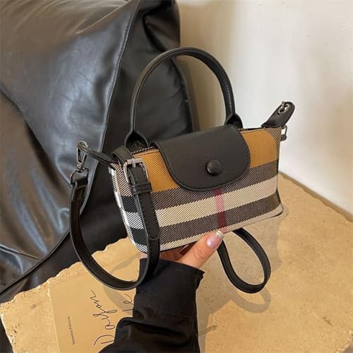 Image of Mini Plaid Canvas Handbag for Women PU Leather Top Handle Checked Bucket Hand Bag