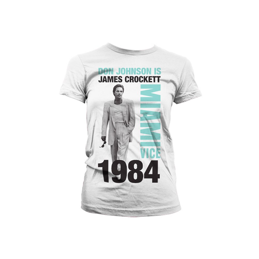 Miami Vice Women's White Officially Licensed Merchandise Don Johnson Is Crockett Girly T-Shirt (White), Large